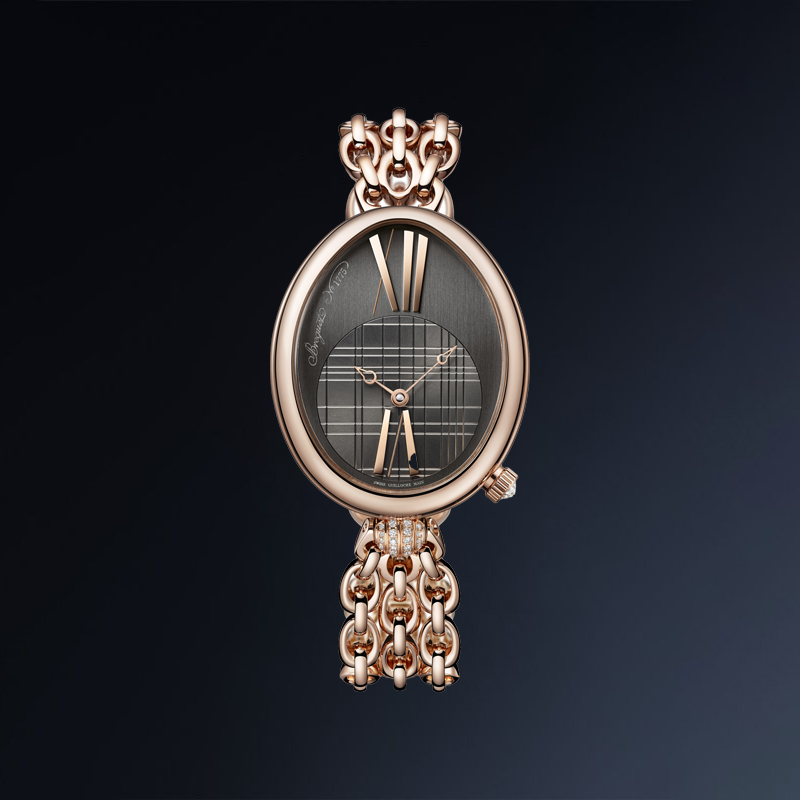 На фото: часы Breguet Reine de Naples в 43x34,95 мм корпусе из розового золота с бриллиантами на браслете из розового золота и эксцентром