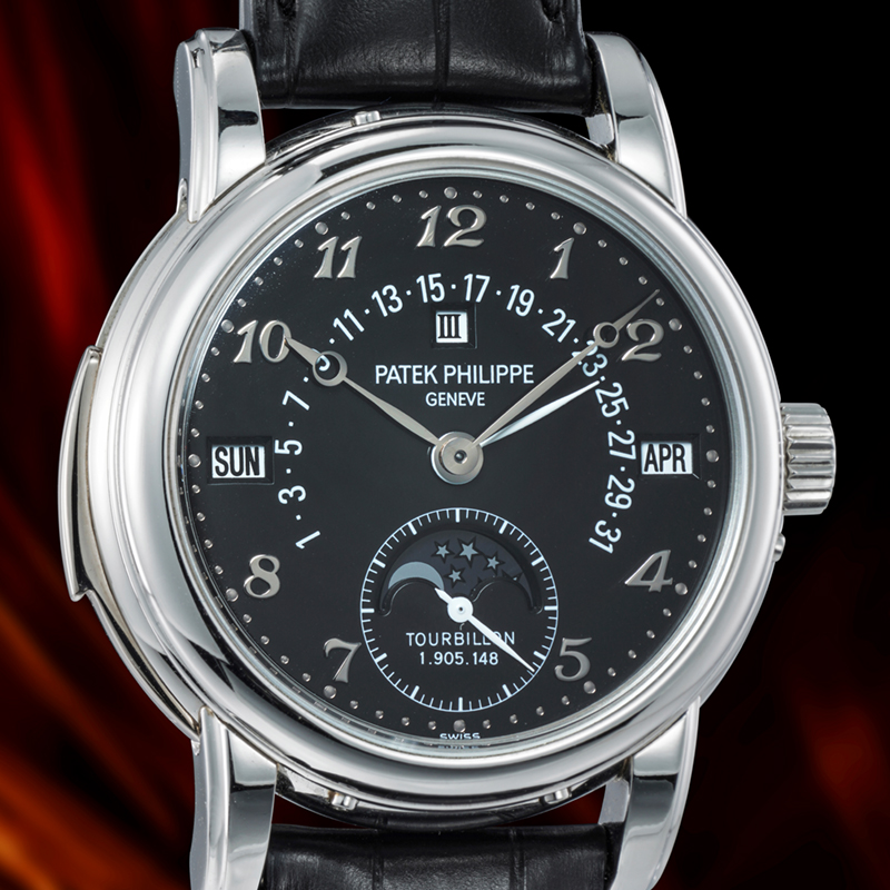 Часы Patek Philippe Ref. 5016P в 37 мм платиновом корпусе с турбийоном, вечным календарем, минутным репетиром, ретроградным указателем даты и индикатором фаз Луны