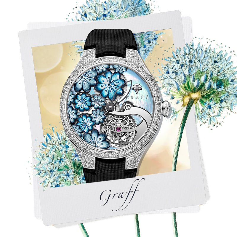  Часы Graff MasterGraff Floral Tourbillon Blue в 38 мм корпусе из белого золота с бриллиантами на безеле, турбийоном и подвижными цветами в позициях «8», «9» и «12» часов