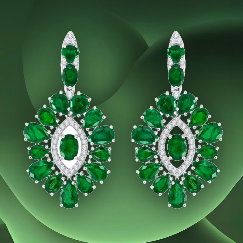 Серьги Sutra Jewels Classic из белого золота с бриллиантами и изумрудами