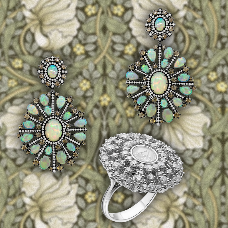 Серьги Sutra Jewels из белого золота с опалами и бриллиантами и кольцо Chopard Happy Diamonds Joaillerie из белого золота с бриллиантами