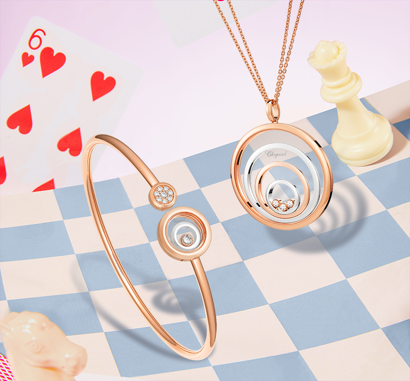 Браслет и кулон Chopard Happy Spirit из розового и белого золота с плавающими бриллиантами