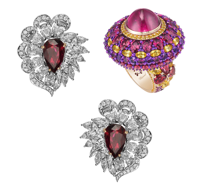 Серьги из белого золота с рубинами (5.92 к) и бриллиантами (7.55 к), кольцо из розового золота с центральным турмалином (10.46 к), сапфирами (5.96 к), аметистами (2.48 к), турмалинами (12.66 к), все Chopard Haute Joaillerie