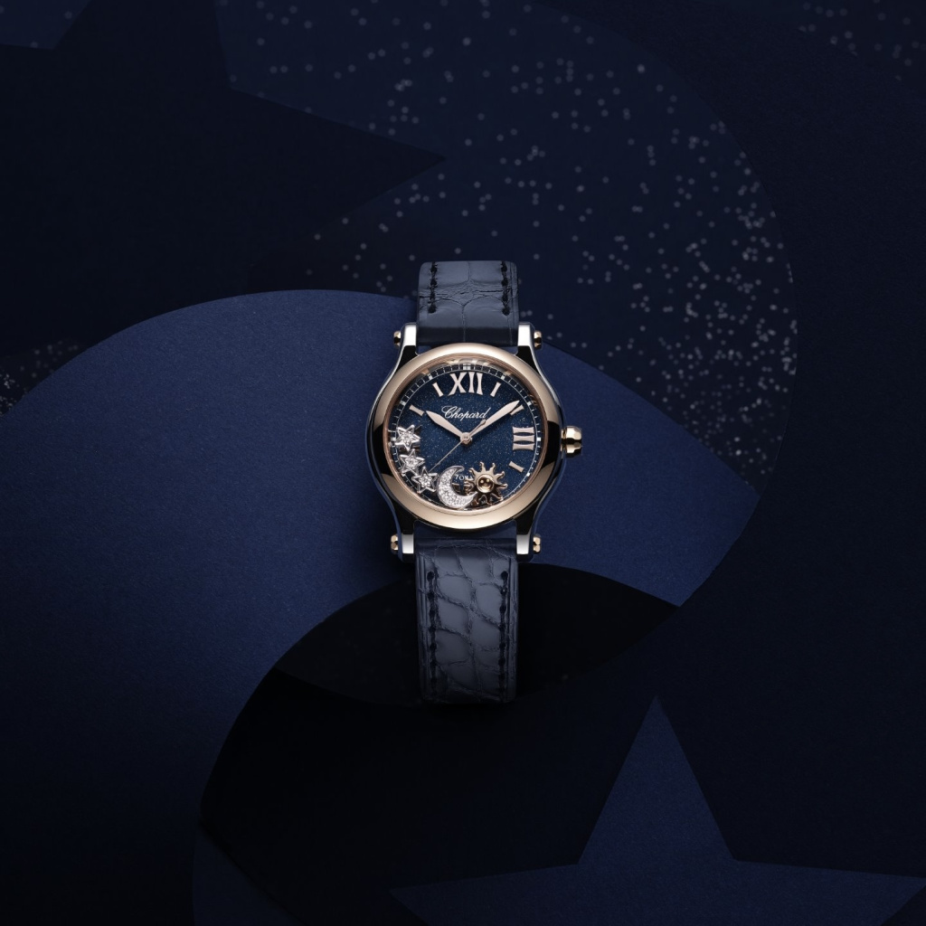 Часы Chopard Happy Sun, Moon and Stars в 30 мм корпусе из розового золота с бриллиантами и плавающими фигурками
