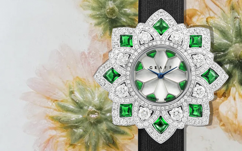 Часы Graff Floral в корпусе из белого золота с изумрудами и бриллиантами