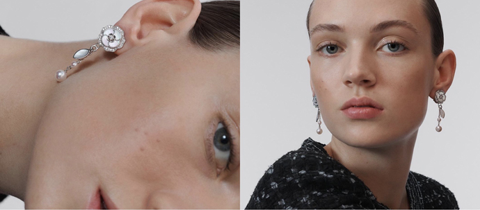 В серьгах Chanel Bouton de Camelia из белого золота с бриллиантами, перламутром и жемчугом