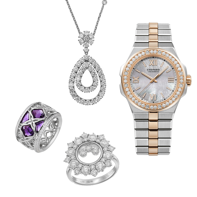 Кольцо Happy Diamonds Joaillerie из белого золота с бриллиантами, кольцо Imperiale из белого золота с аметистами и бриллиантами, колье L’Heure du Diamant из белого золота с бриллиантами, часы Alpine Eagle в корпусе из стали и розового золота с бриллиантами, все Chopard
