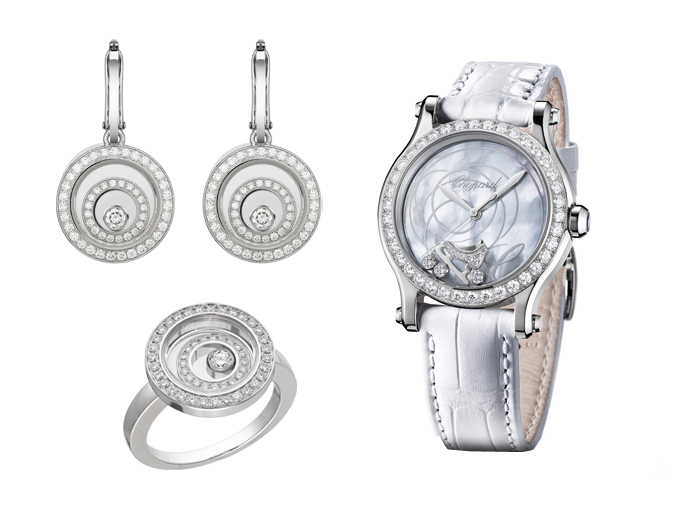 Серьги Happy Spirit из белого золота с бриллиантами, часы Happy Sport Tatiana Navka Edition в корпусе из стали с подвижной фигуркой в виде конька с бриллиантами, кольцо Happy Spirit из белого золота с бриллиантами, все Chopard