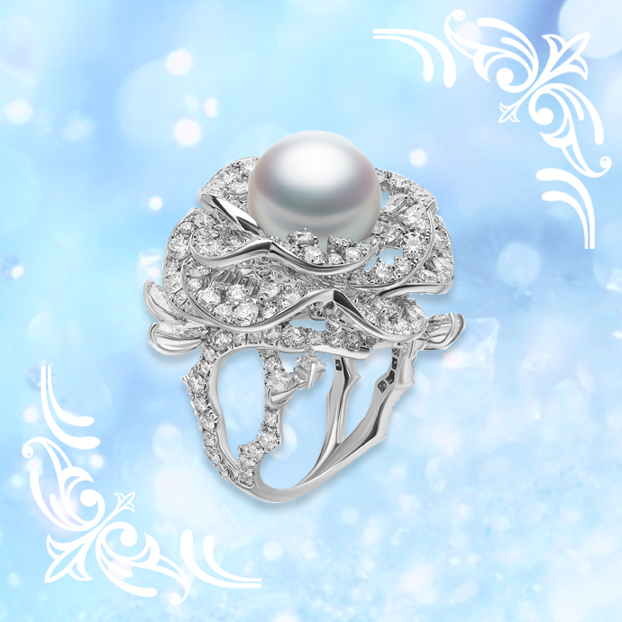 Кольцо Mikimoto Fortune Leaves из белого золота с бриллиантами и жемчугом
