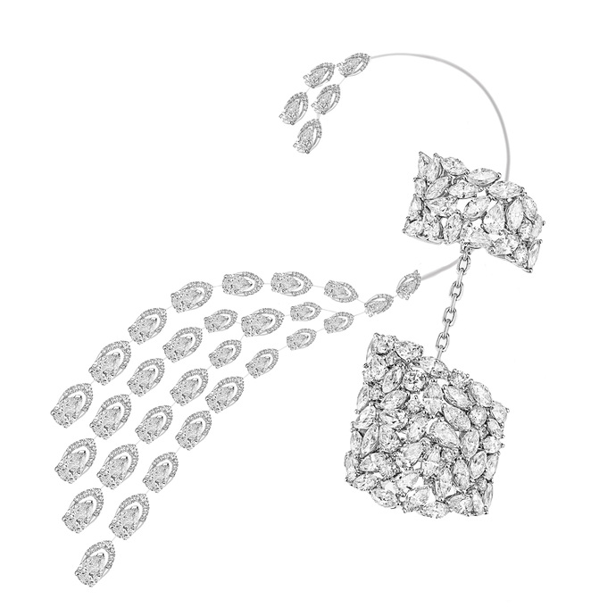 Кафф Pear Lover из белого золота с бриллиантами, кольцо The Snow Queen из белого золота с бриллиантами, все Messika