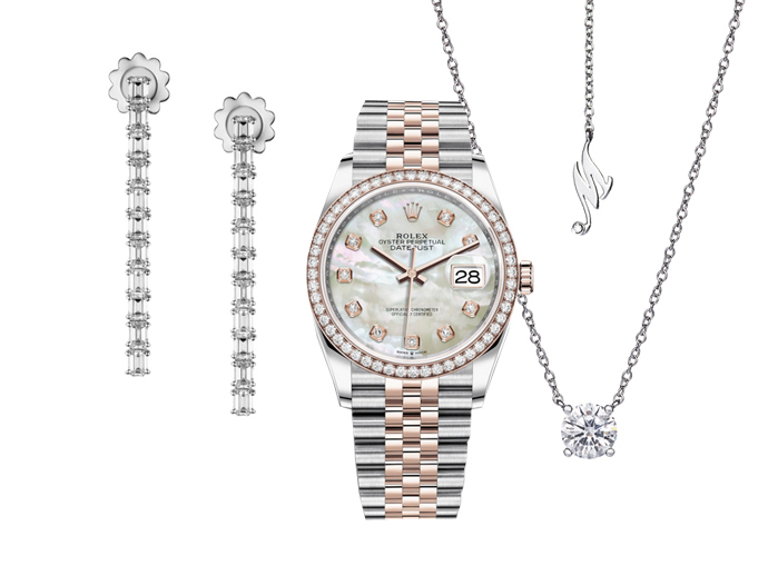 Серьги Mercury Classic из белого золота с бриллиантами, часы Rolex Datejust 36 из стали Oystersteel и золота Everose с бриллиантами и кулон Mercury Classic из белого золота с бриллиантами