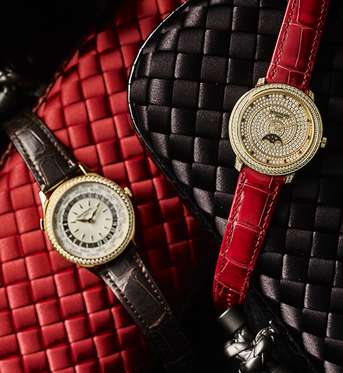 Часы Patek Philippe Complications World Time из розового золота с бриллиантами и часы Patek Philippe Complications Diamond Ribbon в корпусе из розового золота с бриллиантами 