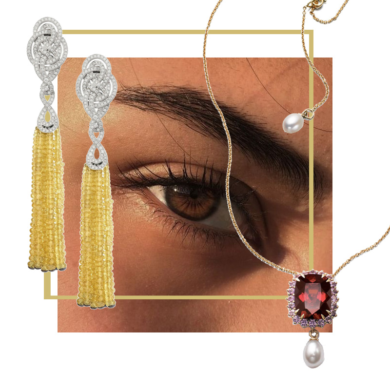 Серьги Garrard Entanglement из белого золота с бриллиантами и желтыми сапфирами и колье Dolce&Gabbana Heritage из желтого золота с гранатом, жемчугом и бриллиантами