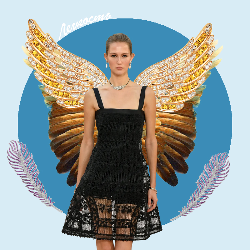На фото: брошь Mercury Classic, серьги Garrard Wings Embrace || модель с показа Chanel весна 2025