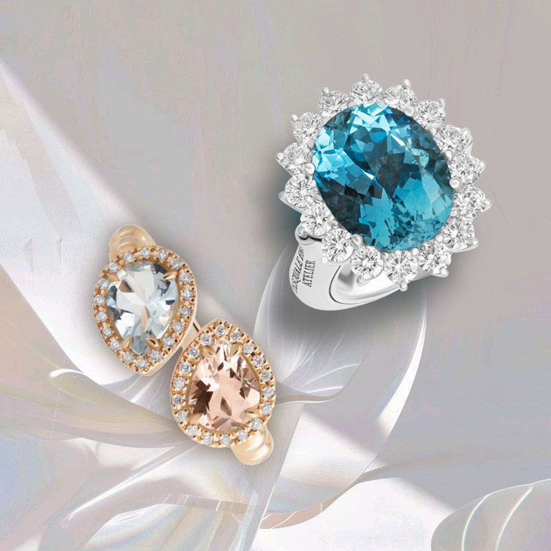 Кольца Pasquale Bruni Atelier из белого золота с аквамарином и бриллиантами и Casato Boutique Paris из розового золота с аквамарином, морганитом и бриллиантами