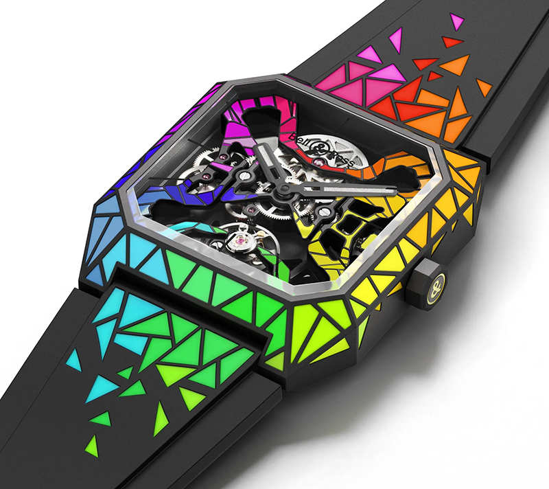 Часы Bell & Ross BR 03 Cyber Rainbow из титана с DLC покрытием и мозаичным узором разноцветным лаком