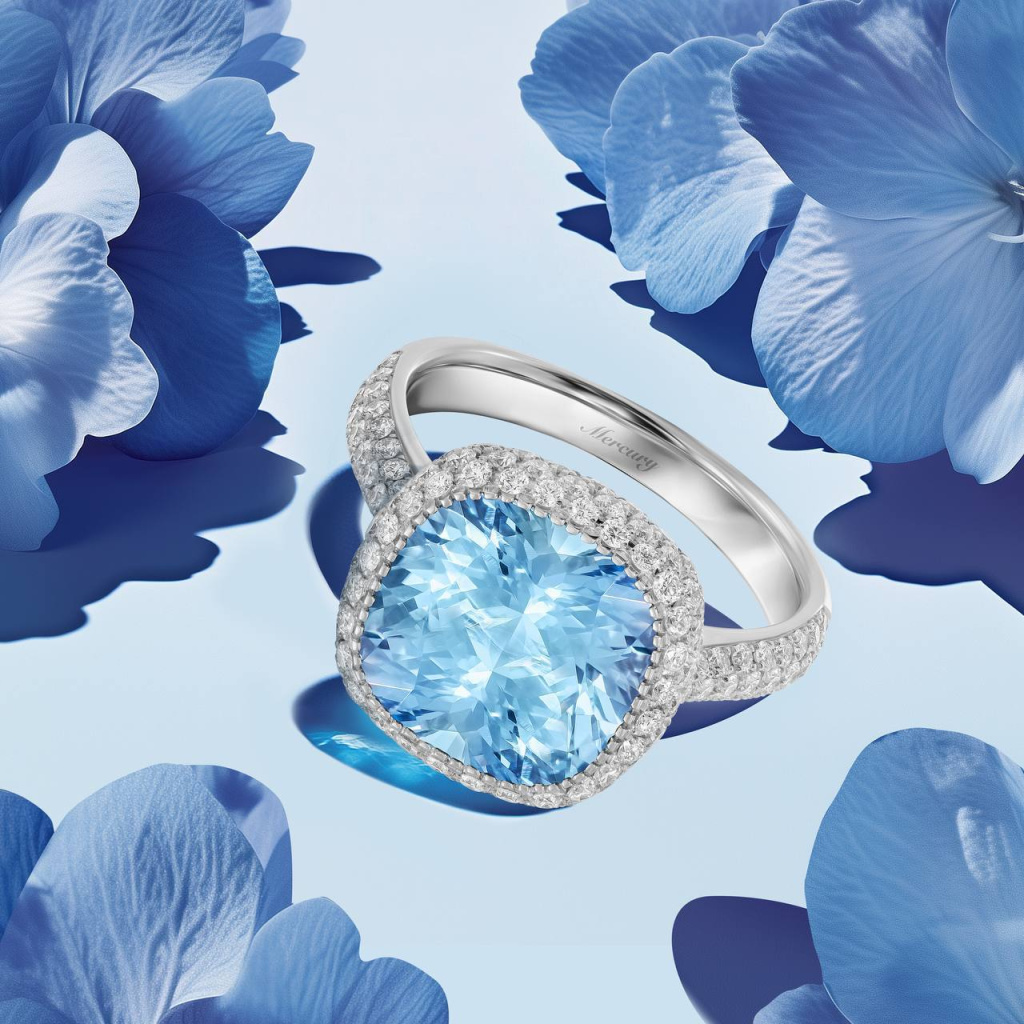 Кольцо Mercury Bonbons из белого золота с бриллиантами и аквамарином
