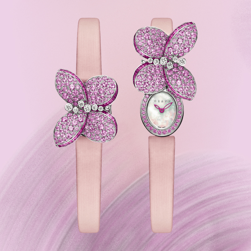 Часы с секретом Graff Baby Princess Butterfly в 18 мм корпусе из белого золота с розовыми сапфирами и бриллиантами Часы с секретом Graff Baby Princess Butterfly в 18 мм корпусе из белого золота с розовыми сапфирами и бриллиантами
