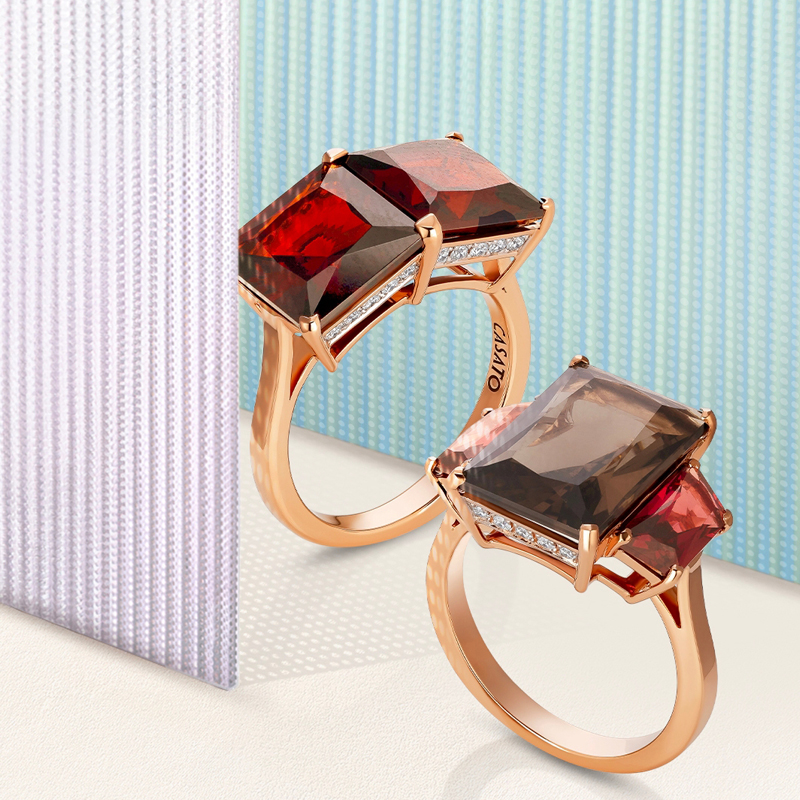 Кольцо из розового золота с бриллиантами и гранатами, кольцо из розового золота с бриллиантами, центральным дымчатым кварцем и гранатами по бокам, все Casato Acqua