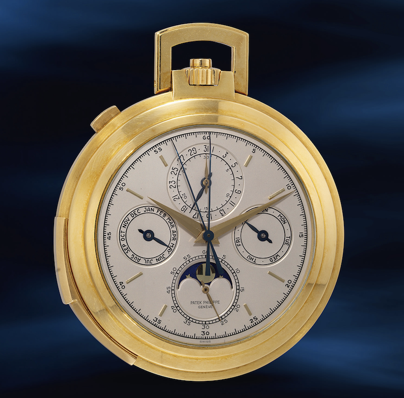 Карманные часы Patek Philippe Ref. 850 в 56 мм корпусе из желтого золота со сплит-хронографом, вечным календарем и указателем фаз Луны