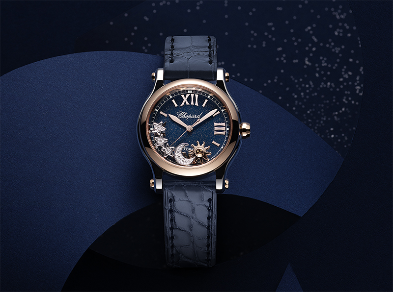 Часы Chopard Happy Sport Sun, Moon & Stars в 30 ммм корпусе из стали и розового золота. Плавающие месяц, солнце и звезды на циферблате