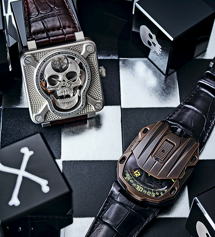 Часы Bell & Ross BR 01 LAUGHING SKULL в корпусе из стали и часы Urwerk UR-105 CT Maverick в корпусе из титана и бронзы 
