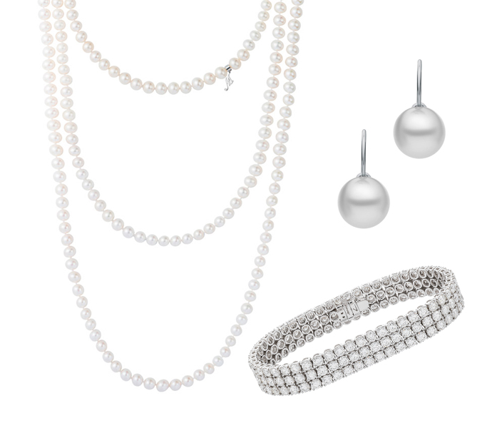 Колье Mercury Classic из белого золота с жемчугом, серьги Mikimoto Classic из белого золота с жемчугом, браслет Mercury Classic из белого золота с бриллиантами 