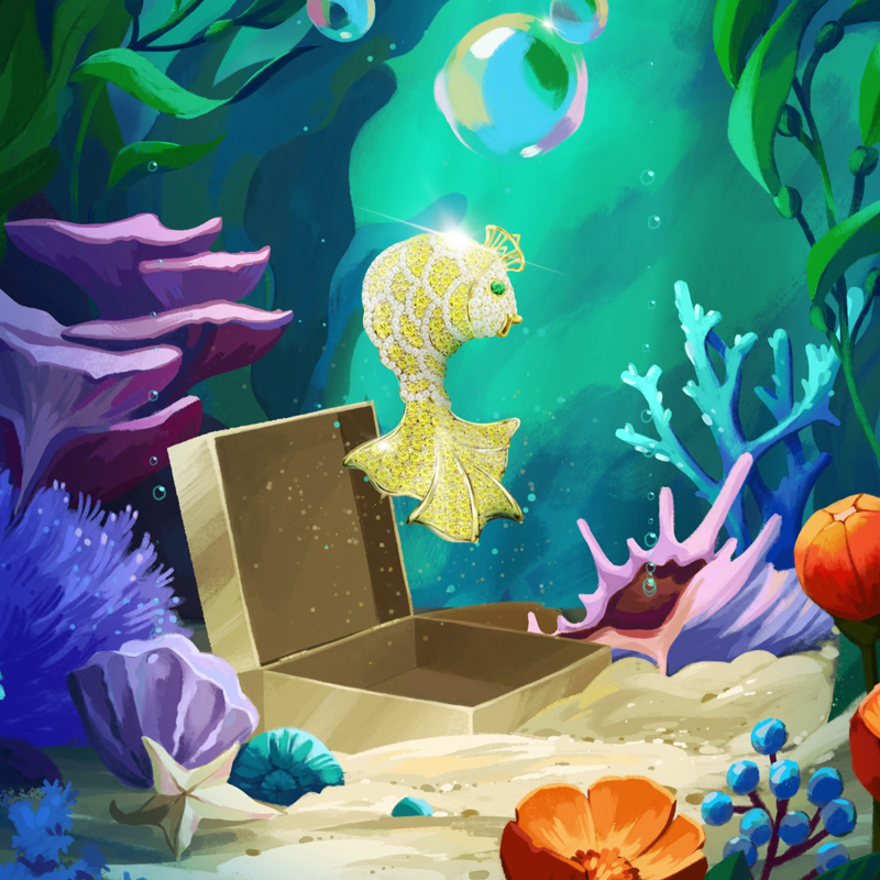Брошь Mercury Fairy Tales из желтого золота с прозрачными и желтыми бриллиантами, изумрудом-кабшоном