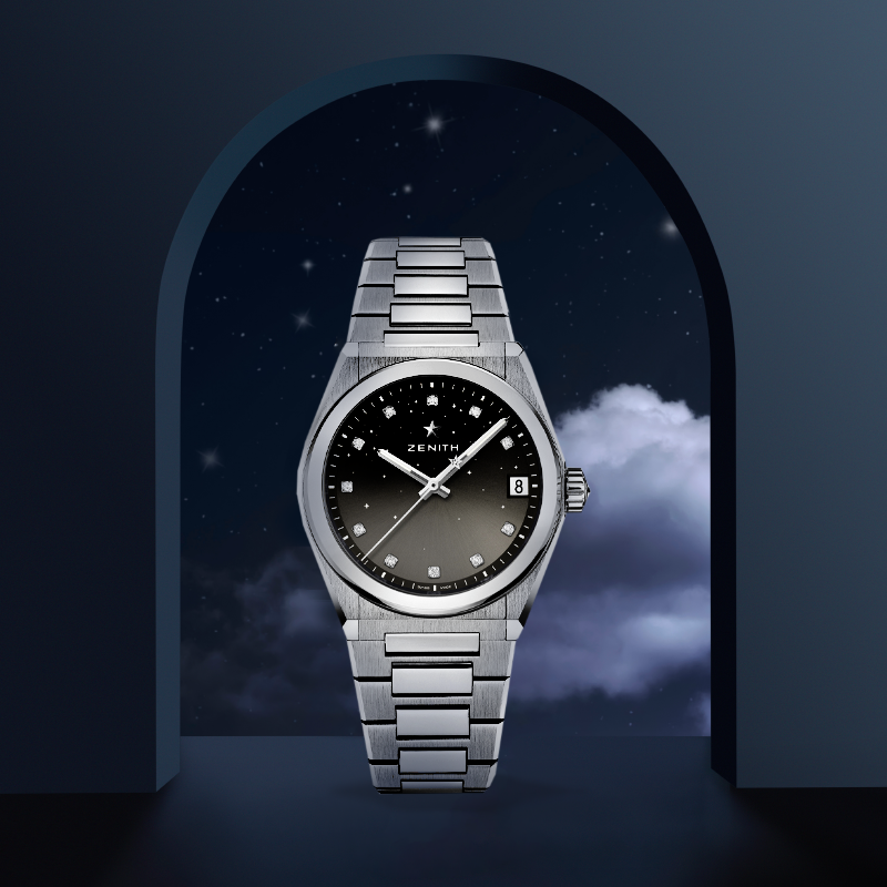Часы Zenith Defy Midnight в 36 мм корпусе из стали с бриллиантами в виде часовых меток и указателем даты