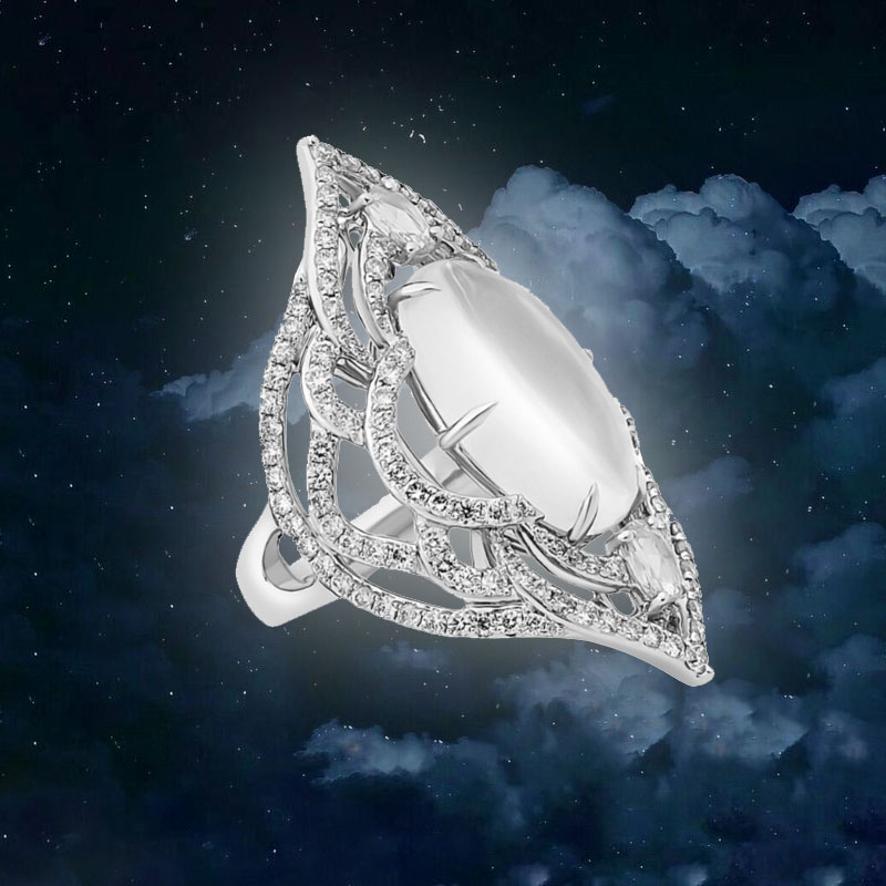 Кольцо Sutra Jewels Classic из белого золота с бриллиантами и лунным камнем
