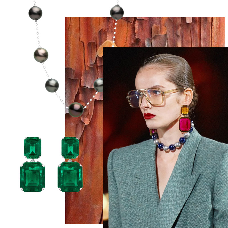 На фото: серьги Mercury Сolor, колье Mikimoto Classic, модель с показа Saint Laurent SS 2022