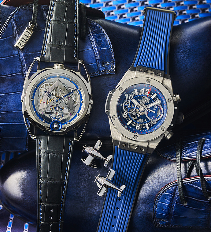 Часы DB28 Steel Wheels De Bethune в корпусе из титана и часы Big Bang Unico Titanium Blue Hublot