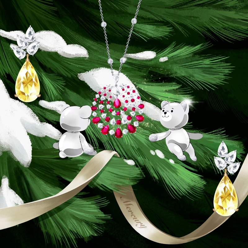 На фото: мишки в виде кулонов Classic, колье Color из белого золота с бриллиантами и рубинами, серьги Classic из белого и желтого золота с прозрачными и желтыми бриллиантами, все Mercury