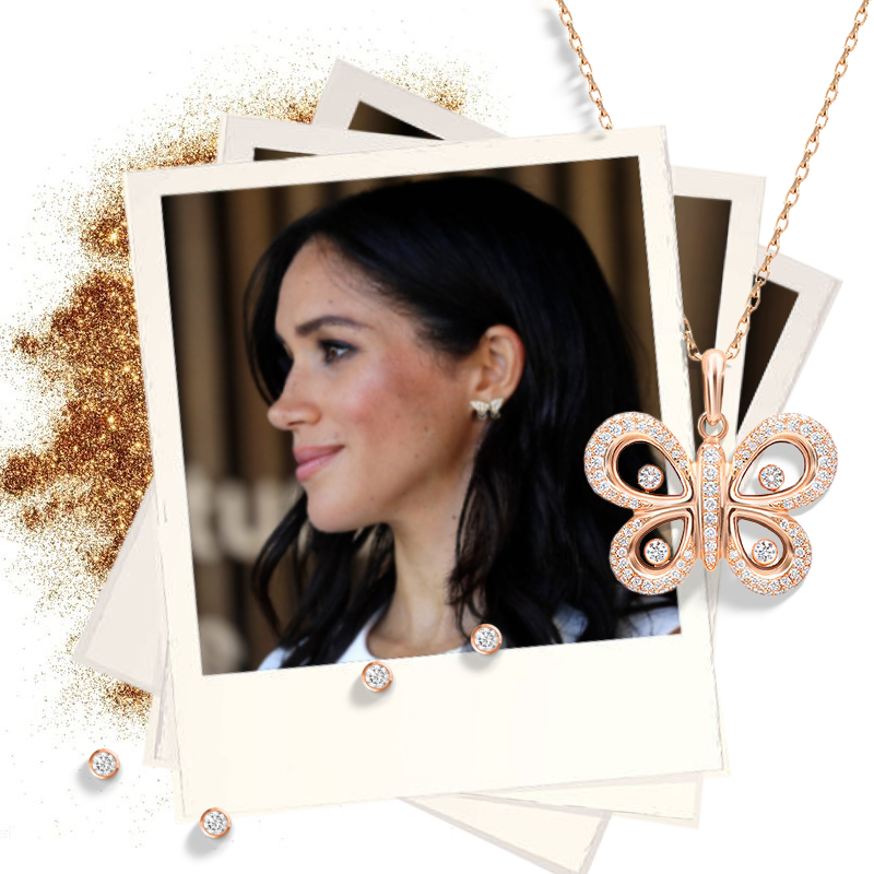На фото: герцогиня Сассекская || кулон Chopard Happy Diamonds из розового золота с бриллиантами