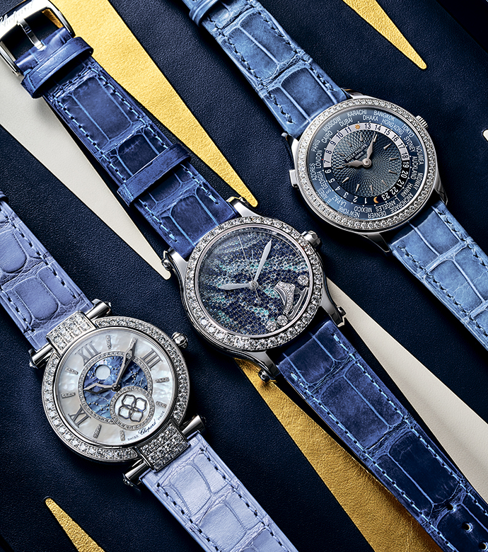  Часы Chopard. Imperiale Moonphase в корпусе из белого золота с бриллиантами, часы Happy Sport Tatiana Navka Edition в корпусе из белого золота с бриллиантами, сапфирами, аквамаринами, топазами и турмалинами и часы Patek Philippe Complications World Time в корпусе из белого золота с бриллиантами