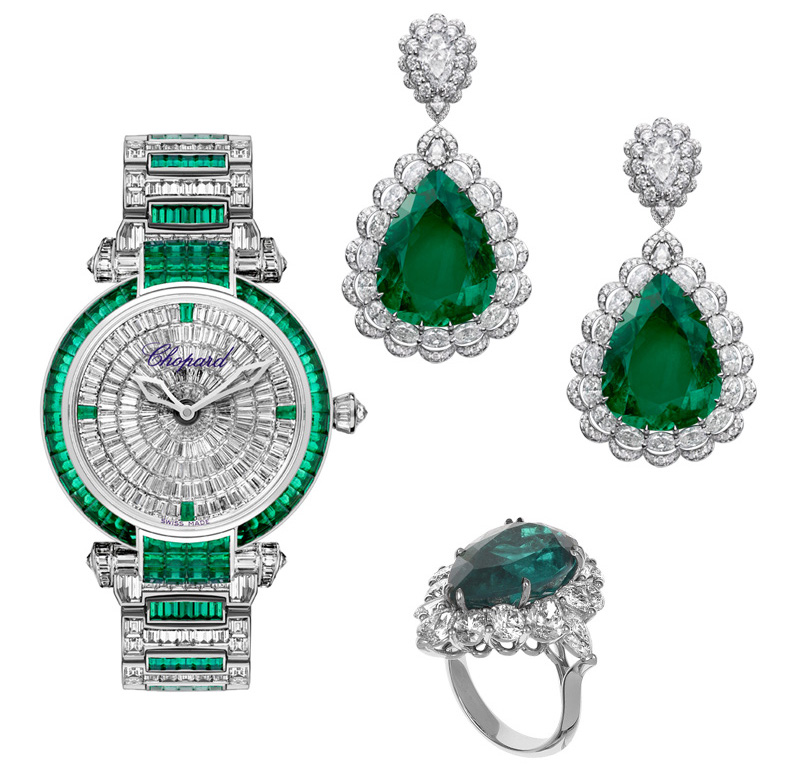 Часы Imperiale в корпусе из белого золота с бриллиантами и изумрудами, серьги из белого золота с бриллиантами (18.49 к) и изумрудами (66.63 к), кольцо из белого золота с центральным изумрудом (12.07 к) и бриллиантами (4.83 к), все Chopard