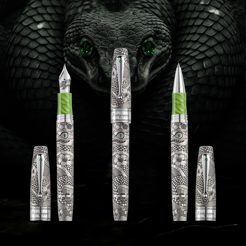 Корпуса перьевой ручки и роллера выполнены из стерлингового серебра, а грип-секции — из биофильной смолы Juma®