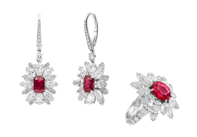 Серьги и кольцо Mercury Color Flower из белого золота с бриллиантами и рубинами