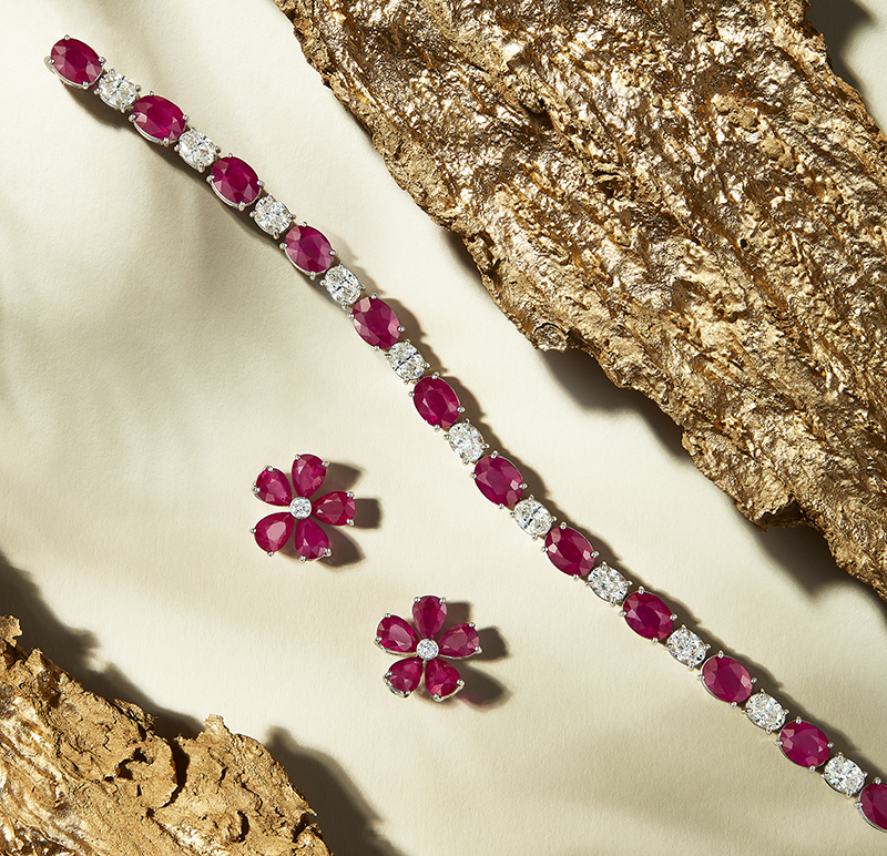 Браслет и серьги Mercury Color из белого золота с бриллиантами и рубинами