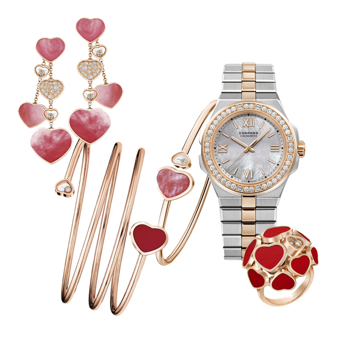 Браслет Happy Hearts из розового золота с бриллиантом и красной вставкой, серьги Happy Hearts Naked Hearts Foundation из розового золота с бриллиантами и перламутром, часы Alpine Eagle в корпусе из стали и розового золота с бриллиантами, браслет Happy Hearts Naked Hearts Foundation из розового золота с бриллиантом и перламутром, кольцо Happy Hearts из розового золота с бриллиантом и красной вставкой, все Chopard
