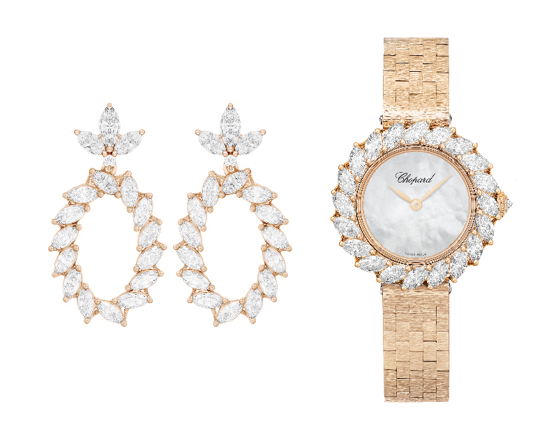 Серьги из розового золота с бриллиантами (4.25 к), часы в корпусе из розового золота с бриллиантами на безеле (3.04 к), все Chopard L’Heure Du Diamant