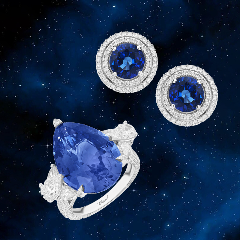 Кольцо Chopard Boutique и серьги Mercury Color из белого золота с бриллиантами и сапфиром