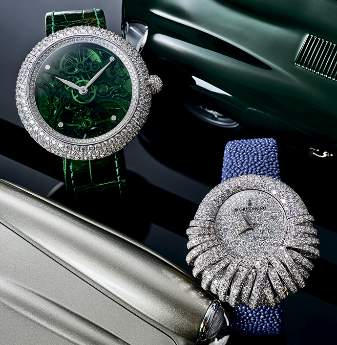 Часы Jacob & Co. Brilliant Skeleton Northern Lights в корпусе из стали с бриллиантами и часы de Grisogono Allegra в корпусе из белого золота с бриллиантами