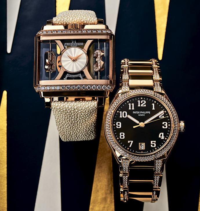 Часы de Grisogono New Retro в корпусе из розового золота с бриллиантами и часы Patek Philippe Twenty 4 Automatic в корпусе из розового золота с бриллиантами