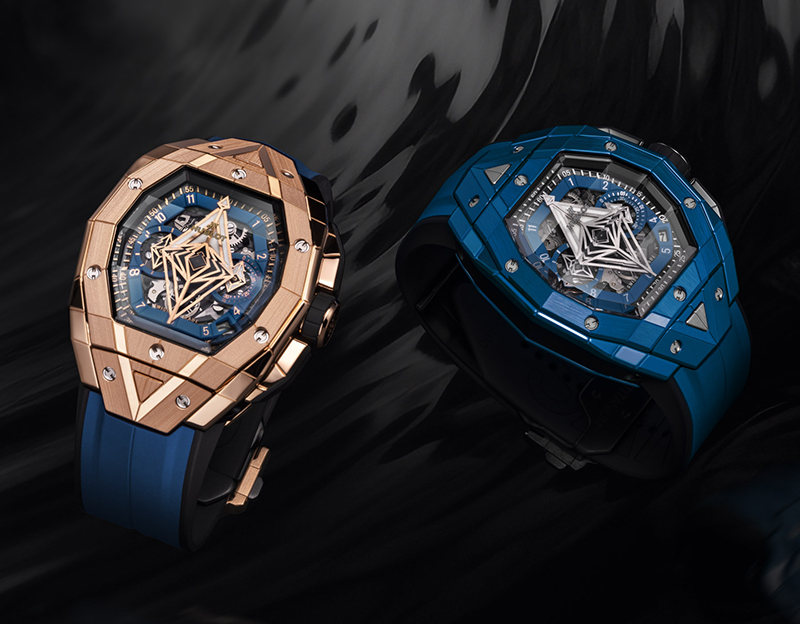 Хронографы HUBLOT Spirit of Big Bang Shaped Sang Bleu в корпусах из золота King Gold и синей керамики со скелетонизированными циферблатами
