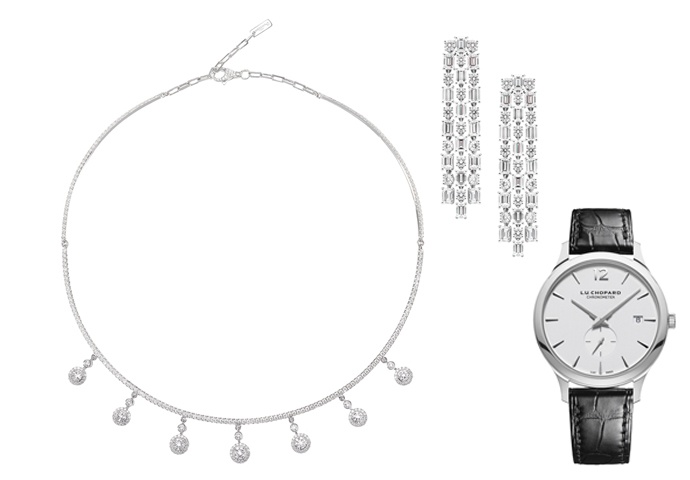 Колье Messika Princess Joy из белого золота с бриллиантами, серьги Mercury Classic из белого золота с бриллиантами и часы Chopard L.U.C XPS в корпусе из стали