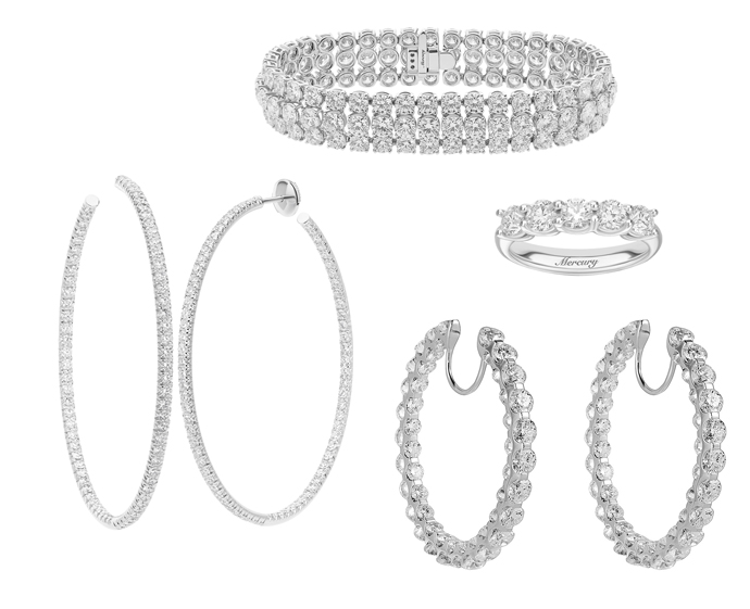 Серьги, браслет, кольцо и серьги, все Mercury Classic из белого золота с бриллиантами