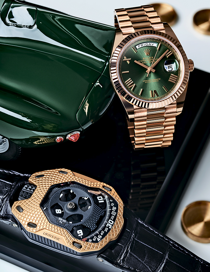 Часы Rolex Oyster Perpetual Day-Date 40 в корпусе из золота Everose и часы Urwerk UR-105 TA Raging Gold в корпусе из розового золота и титана