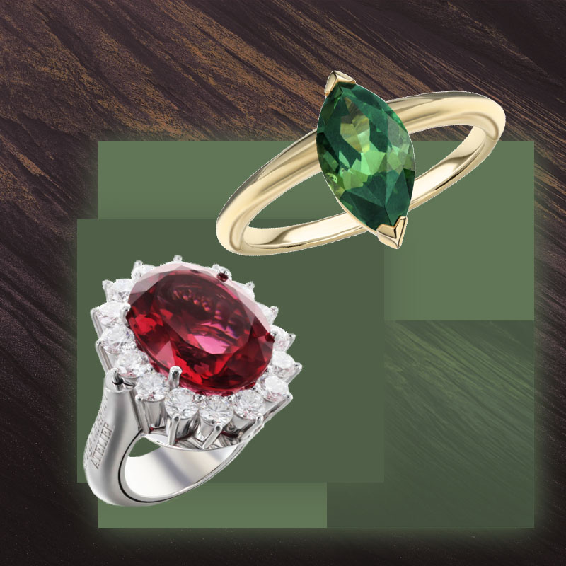 Кольца Pasquale Bruni Atelier с красным турмалином и бриллиантами и Stephen Webster Jitterbug с зеленым турмалином