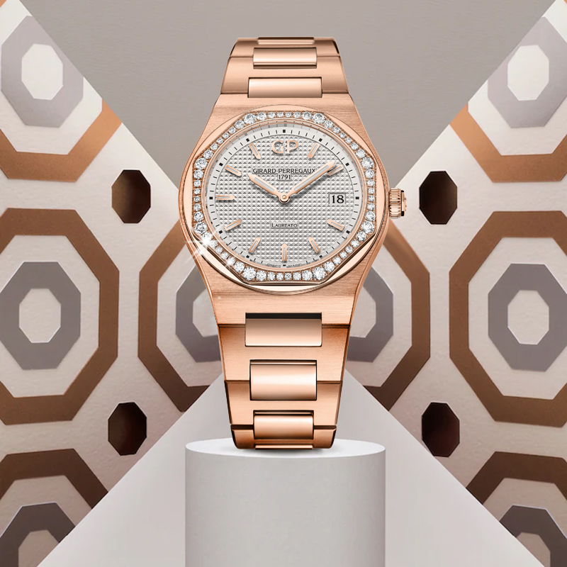 Часы Girard-Perregaux Laureato в 34 мм корпусе из розового золота с бриллиантами по безелю и указателем даты
